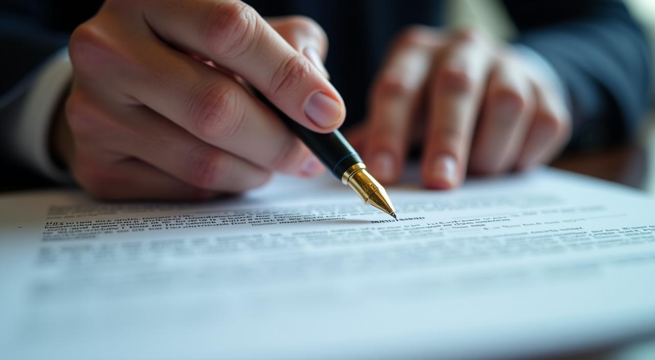 Close-up of a legal professional reviewing a complex business contract with a fountain pen
